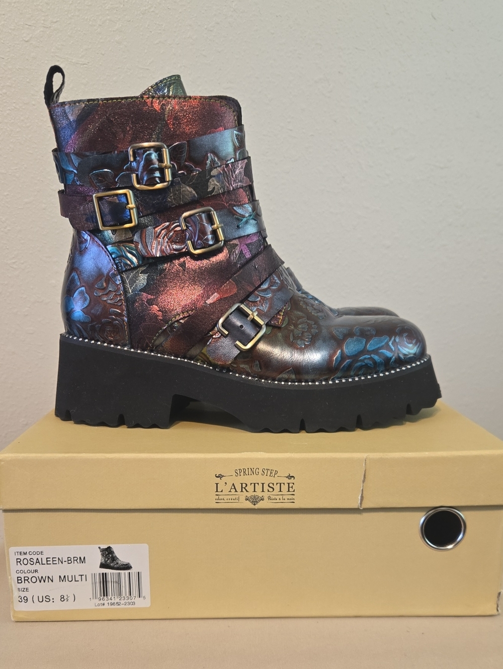 L'ATISTE ROSALEEN Iridescent Brown Multi Floral Buckle Ankle Bootie